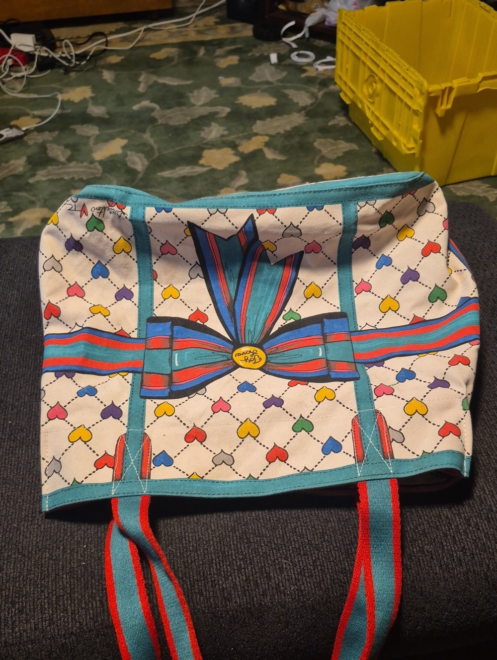 Brighton White Tote with Multicolor Heart Print and Turquoise Trim